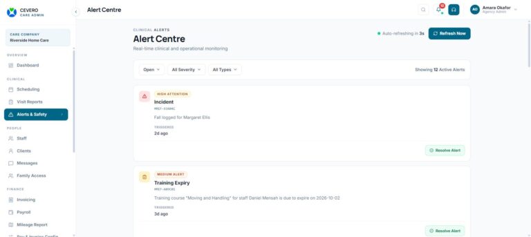 CEVERO Care alert centre showing incidents and training expiry alerts for a health care service