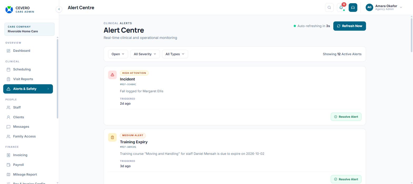 CEVERO Care alert centre showing incidents and training expiry alerts for a health care service