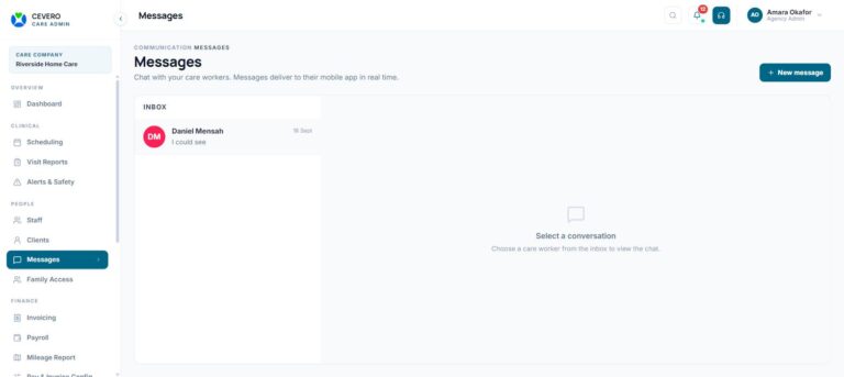 CEVERO Care messaging inbox that delivers to the care worker mobile app