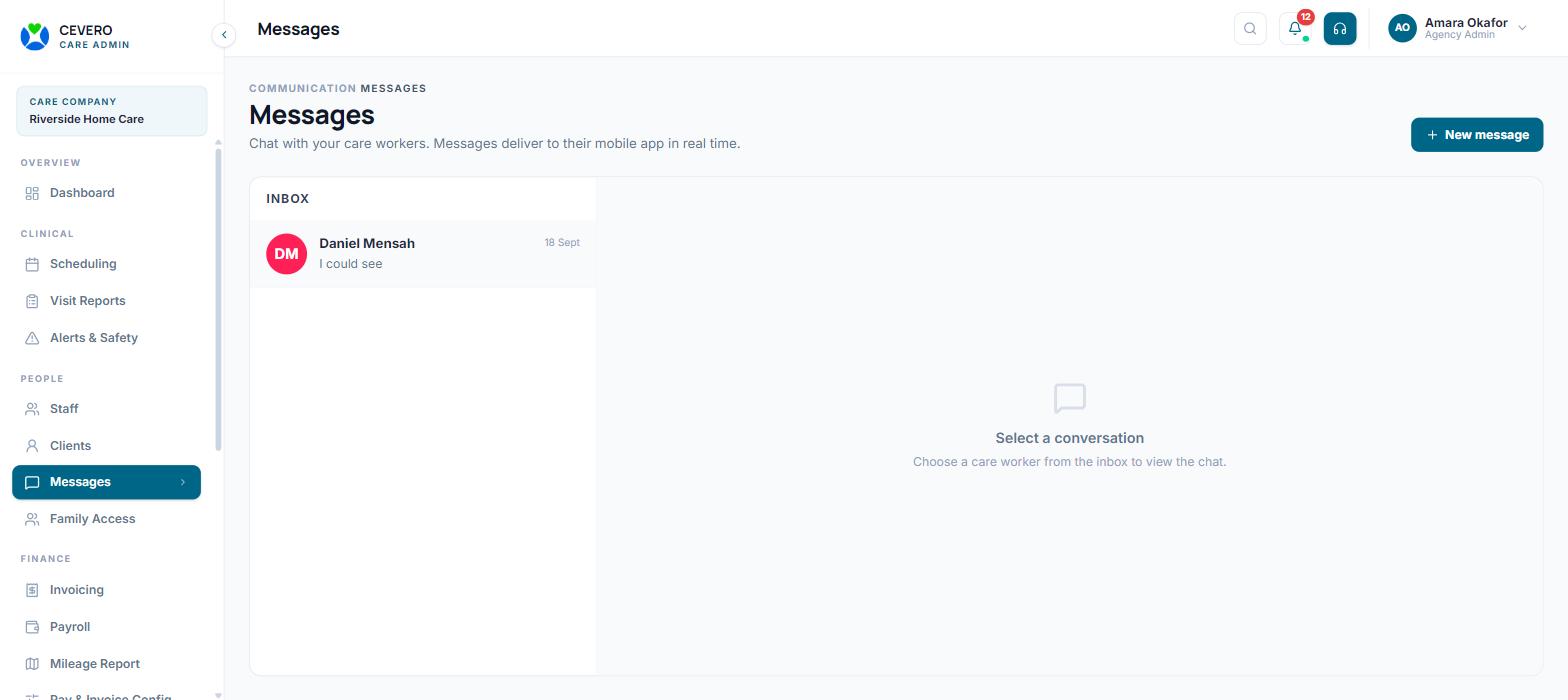 CEVERO Care messaging inbox that delivers to the care worker mobile app