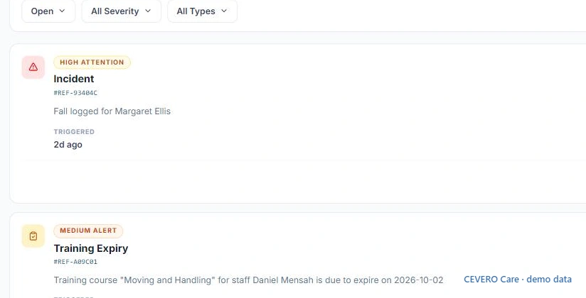CEVERO Care alert centre showing an incident and a training expiry alert