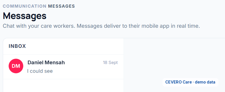 CEVERO Care messages inbox for care workers