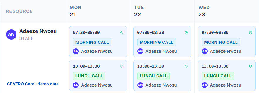 CEVERO Care rota: morning, medication, lunch and tea calls by care worker