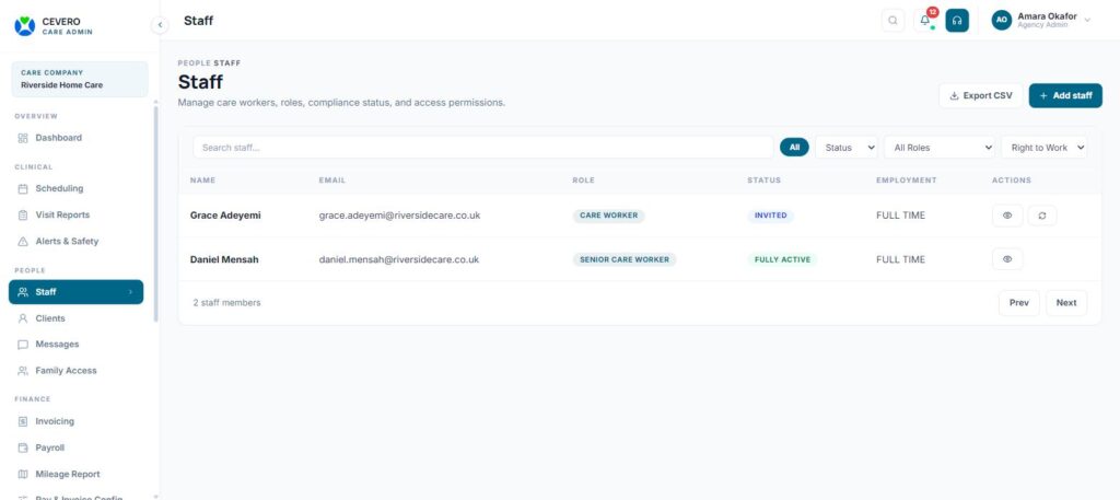 CEVERO Care staff records screen